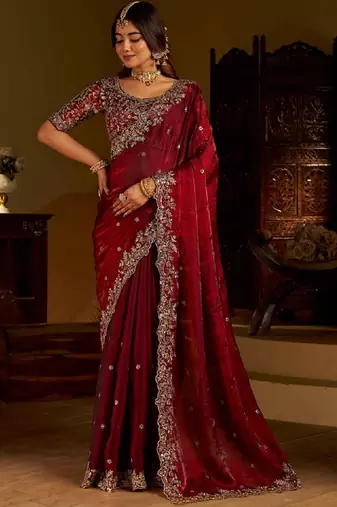 Maroon satin jimmy choo embroidered embellished havy work wedding wear saree