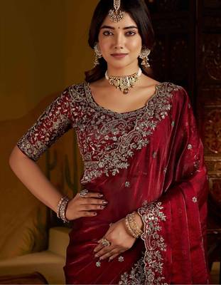 Maroon satin jimmy choo embroidered embellished havy work wedding wear saree 5