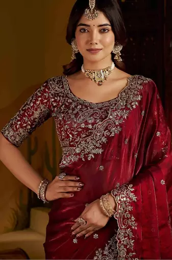Maroon satin jimmy choo embroidered embellished havy work wedding wear saree