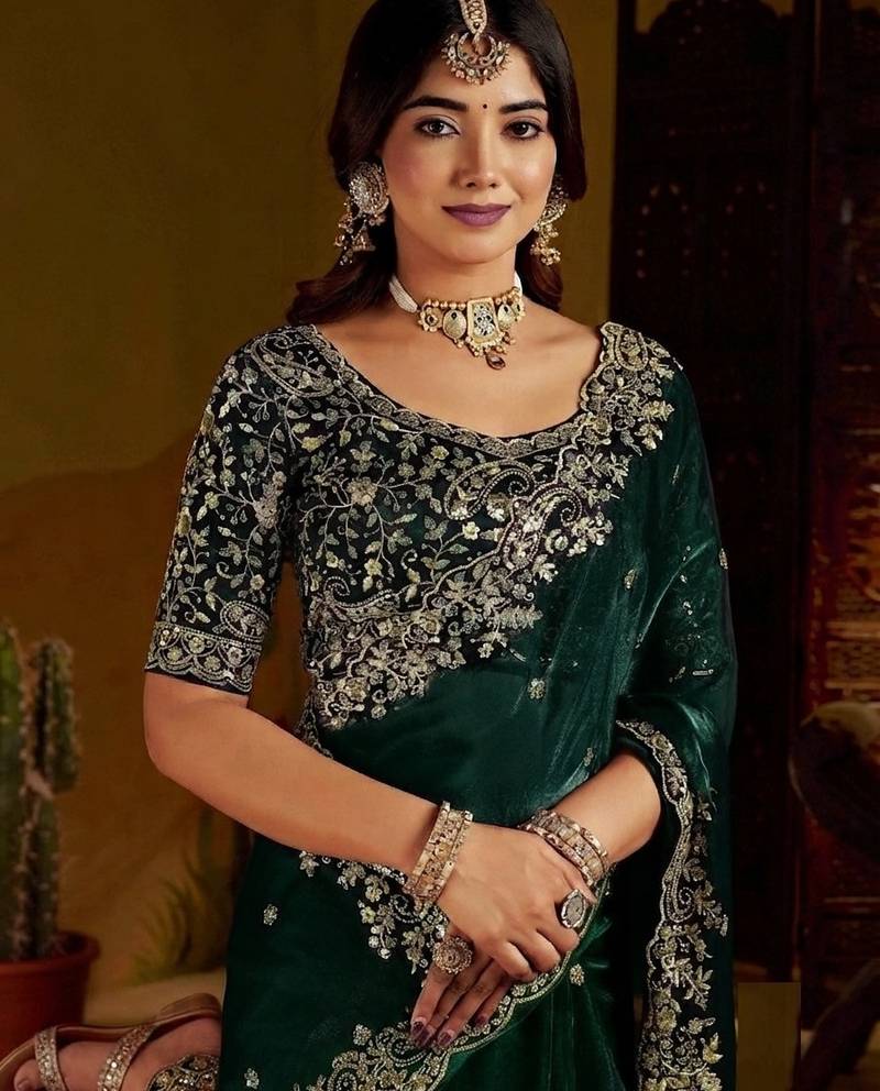 Green satin jimmy choo embroidered embellished havy work wedding wear saree