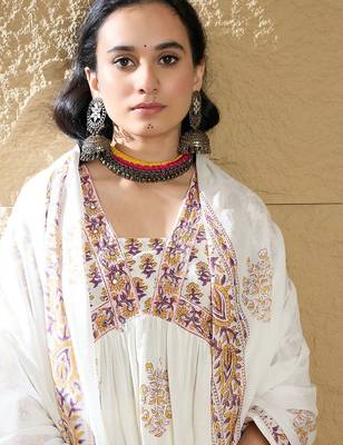 Women Ethnic Motifs Printed Empire Mirror Work Pure Cotton Kurta with Trousers & With Dupatta 2
