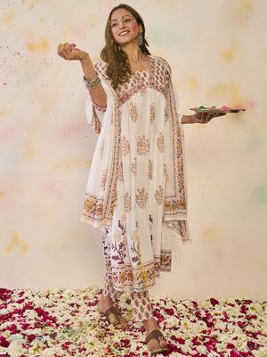 Women Ethnic Motifs Printed Empire Mirror Work Pure Cotton Kurta with Trousers & With Dupatta 1