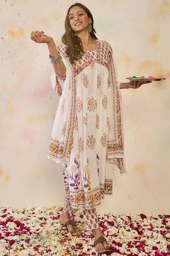 Women Ethnic Motifs Printed Empire Mirror Work Pure Cotton Kurta with Trousers & With Dupatta