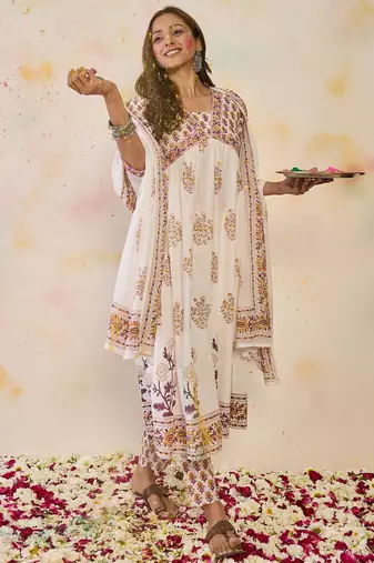 Women Ethnic Motifs Printed Empire Mirror Work Pure Cotton Kurta with Trousers & With Dupatta