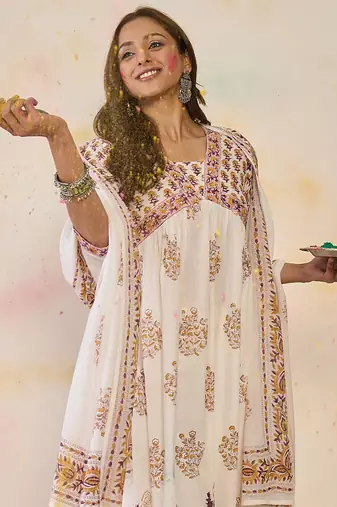 Women Ethnic Motifs Printed Empire Mirror Work Pure Cotton Kurta with Trousers & With Dupatta