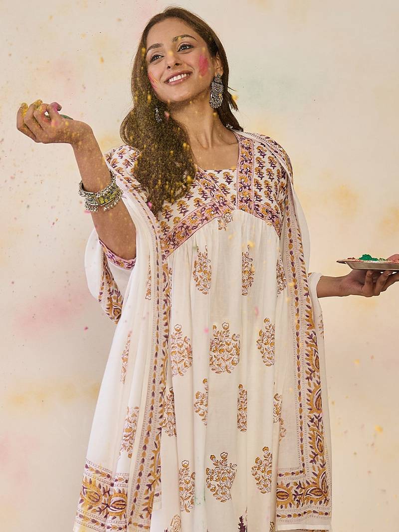 Women Ethnic Motifs Printed Empire Mirror Work Pure Cotton Kurta with Trousers & With Dupatta