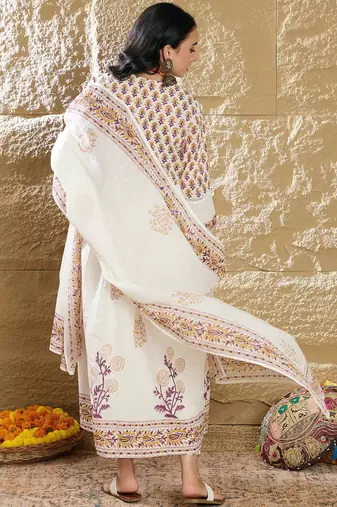 Women Ethnic Motifs Printed Empire Mirror Work Pure Cotton Kurta with Trousers & With Dupatta