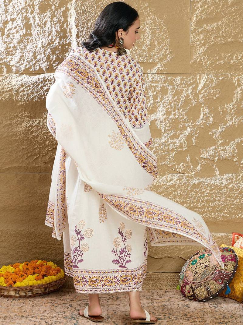 Women Ethnic Motifs Printed Empire Mirror Work Pure Cotton Kurta with Trousers & With Dupatta