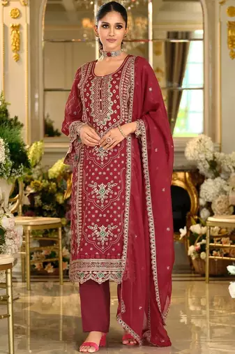 Floral Embroidered Organza Thread Work Kurta With Trousers & Dupatta
