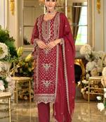 Floral Embroidered Organza Thread Work Kurta With Trousers & Dupatta