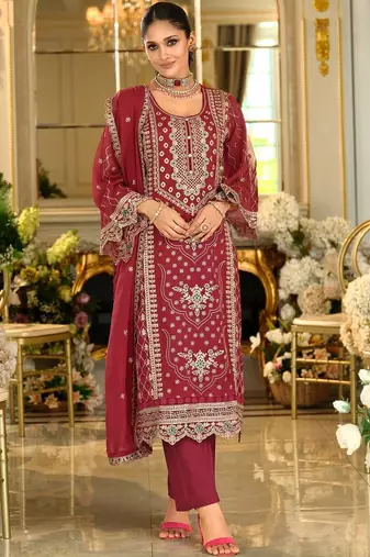 Floral Embroidered Organza Thread Work Kurta With Trousers & Dupatta