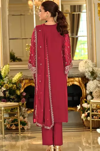 Floral Embroidered Organza Thread Work Kurta With Trousers & Dupatta