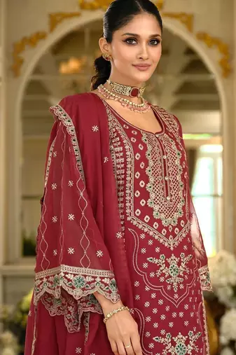 Floral Embroidered Organza Thread Work Kurta With Trousers & Dupatta