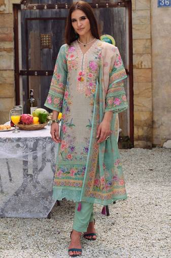 Women Floral Printed Regular Thread Work Linen Kurta with Trousers & With Dupatta