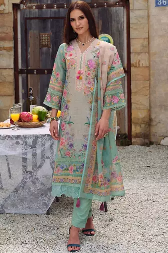 Women Floral Printed Regular Thread Work Linen Kurta with Trousers & With Dupatta