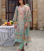 women floral printed regular thread work linen kurta with trousers & with dupatta