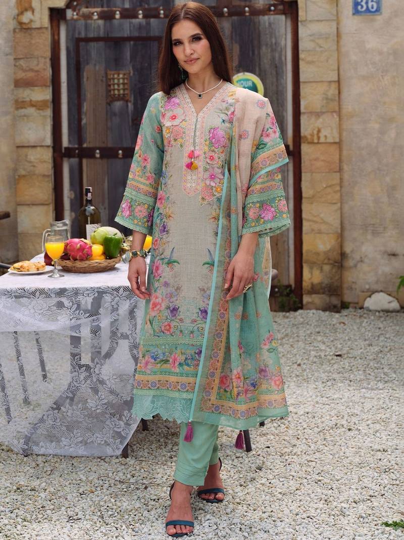 Women Floral Printed Regular Thread Work Linen Kurta with Trousers & With Dupatta