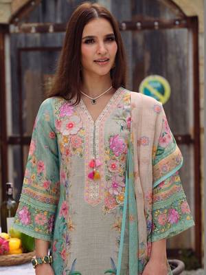 women floral printed regular thread work linen kurta with trousers & with dupatta 2