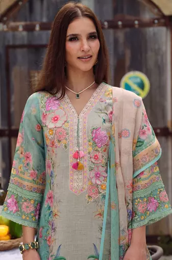 Women Floral Printed Regular Thread Work Linen Kurta with Trousers & With Dupatta