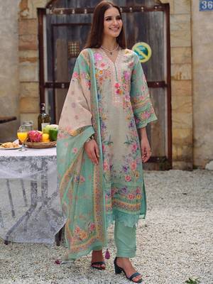 women floral printed regular thread work linen kurta with trousers & with dupatta 3