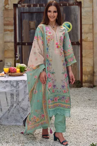 Women Floral Printed Regular Thread Work Linen Kurta with Trousers & With Dupatta