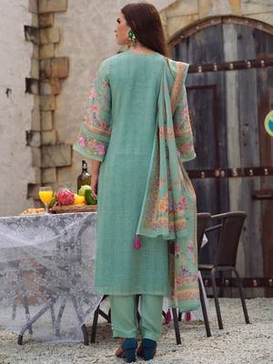 women floral printed regular thread work linen kurta with trousers & with dupatta 5