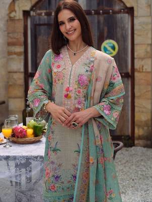 women floral printed regular thread work linen kurta with trousers & with dupatta 6