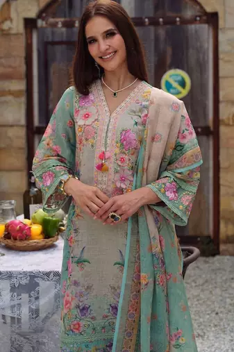 Women Floral Printed Regular Thread Work Linen Kurta with Trousers & With Dupatta