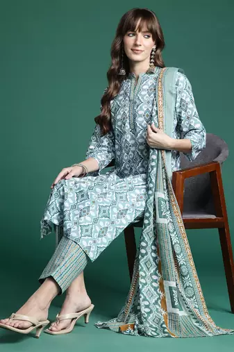 Geometric Printed Regular Pure Cotton Kurta with Trousers & Dupatta