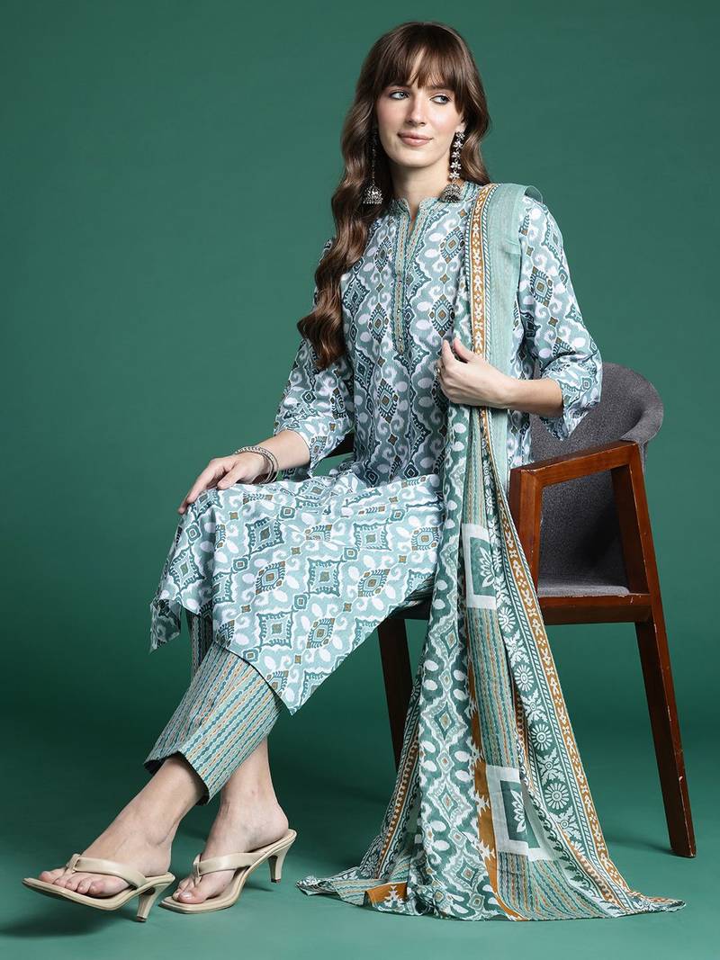 Geometric Printed Regular Pure Cotton Kurta with Trousers & Dupatta
