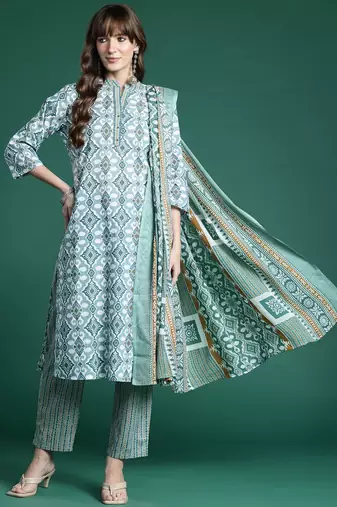 Geometric Printed Regular Pure Cotton Kurta with Trousers & Dupatta