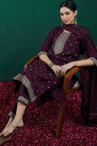 Ethnic Embroidered Sequinned Chanderi Silk Kurta with Trousers & Dupatta