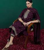 Ethnic Embroidered Sequinned Chanderi Silk Kurta with Trousers & Dupatta