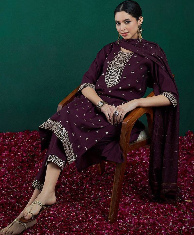 Ethnic Embroidered Sequinned Chanderi Silk Kurta with Trousers & Dupatta