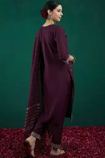 Ethnic Embroidered Sequinned Chanderi Silk Kurta with Trousers & Dupatta