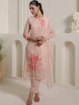 Floral Embroidered Thread Work Organza Straight Kurta With Trousers & Dupatta 1