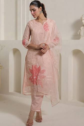 Floral Embroidered Thread Work Organza Straight Kurta With Trousers & Dupatta