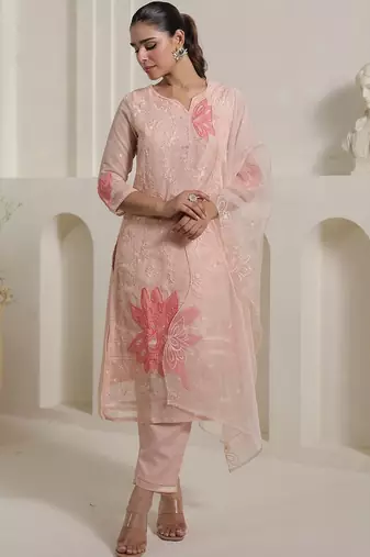 Floral Embroidered Thread Work Organza Straight Kurta With Trousers & Dupatta