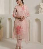 Floral Embroidered Thread Work Organza Straight Kurta With Trousers & Dupatta