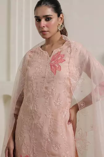 Floral Embroidered Thread Work Organza Straight Kurta With Trousers & Dupatta