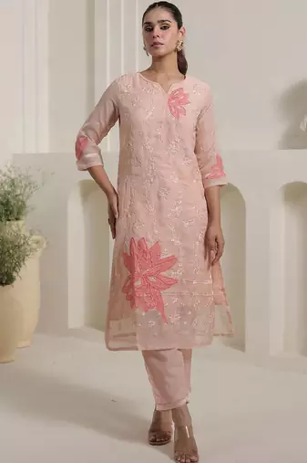 Floral Embroidered Thread Work Organza Straight Kurta With Trousers & Dupatta