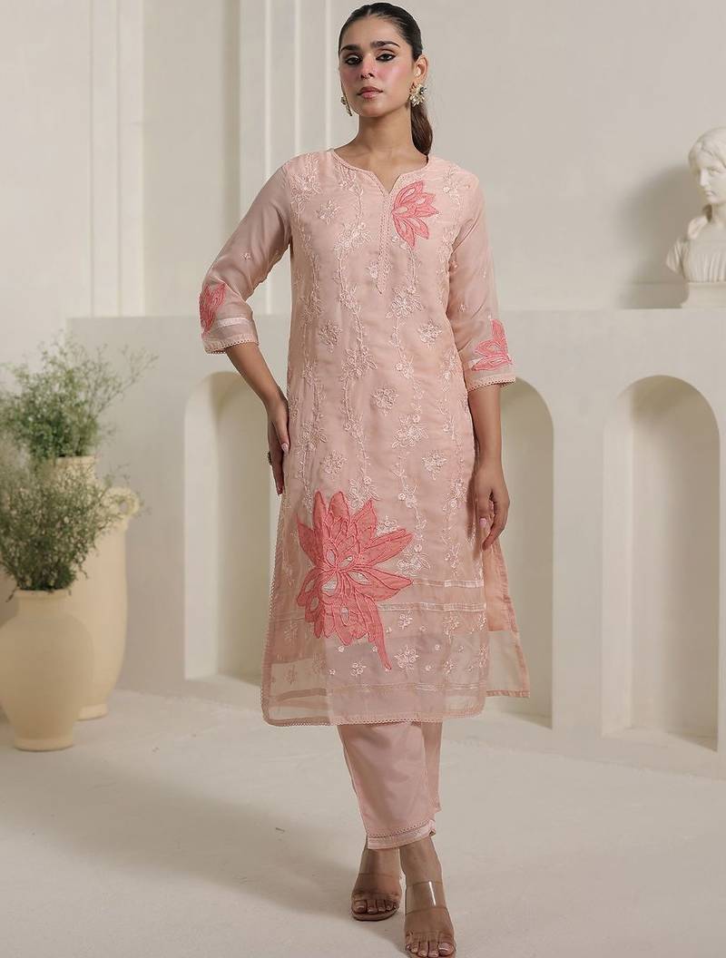 Floral Embroidered Thread Work Organza Straight Kurta With Trousers & Dupatta