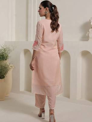 Floral Embroidered Thread Work Organza Straight Kurta With Trousers & Dupatta 4