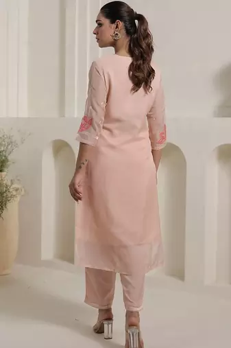 Floral Embroidered Thread Work Organza Straight Kurta With Trousers & Dupatta