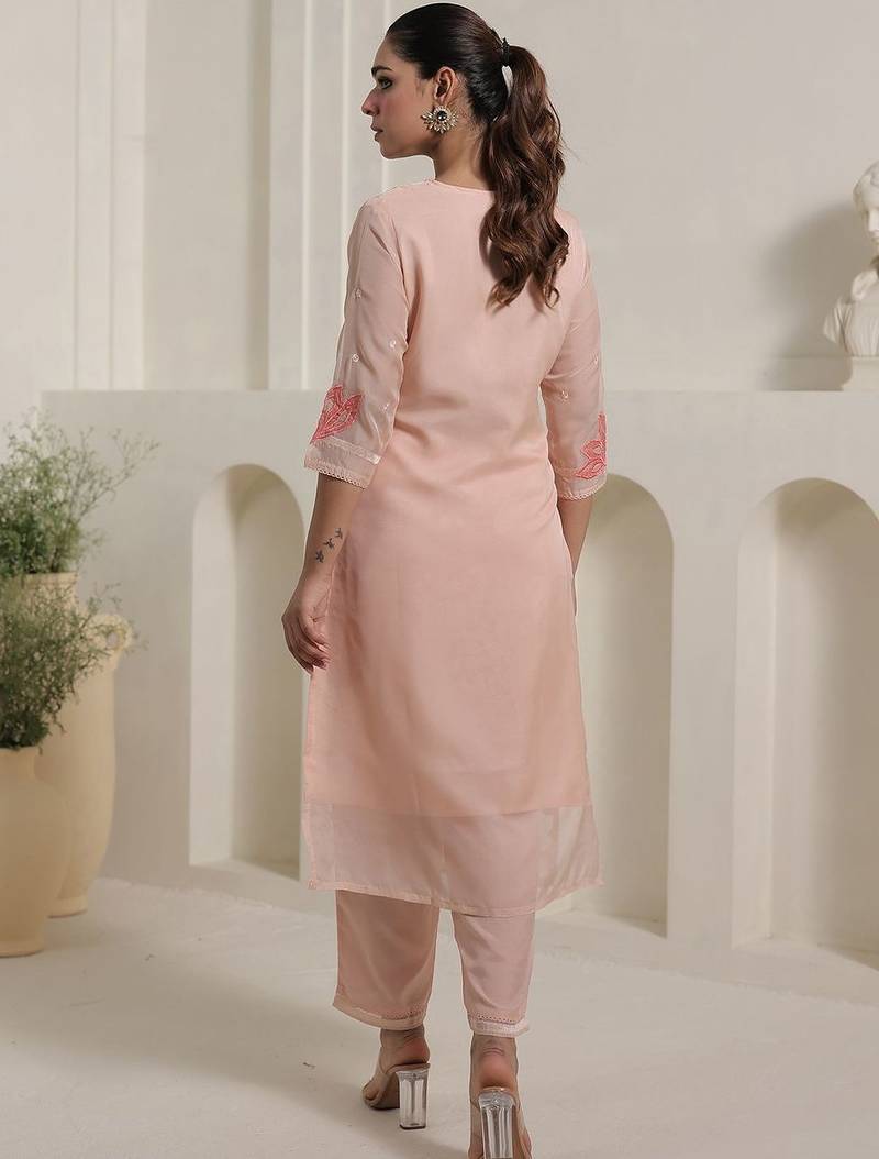 Floral Embroidered Thread Work Organza Straight Kurta With Trousers & Dupatta