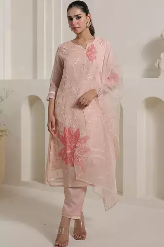 Floral Embroidered Thread Work Organza Straight Kurta With Trousers & Dupatta