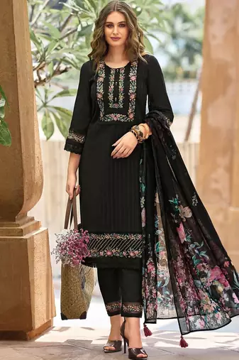Women Floral Embroidered Regular Thread Work Linen Kurta with Trousers & With Dupatta
