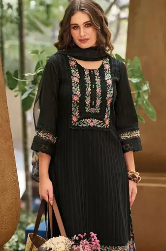 Women Floral Embroidered Regular Thread Work Linen Kurta with Trousers & With Dupatta