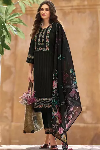 Women Floral Embroidered Regular Thread Work Linen Kurta with Trousers & With Dupatta