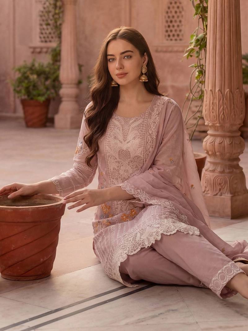 Women Floral Embroidered Regular Sequinned Pure Cotton Kurta with Trousers & With Dupatta